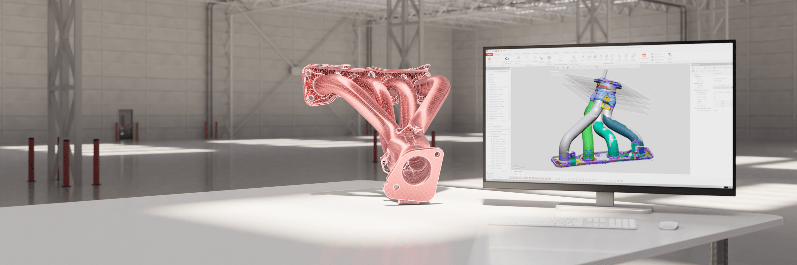 Peça digitalizada em 3D sendo reconstruída como modelo CAD no Geomagic Design X