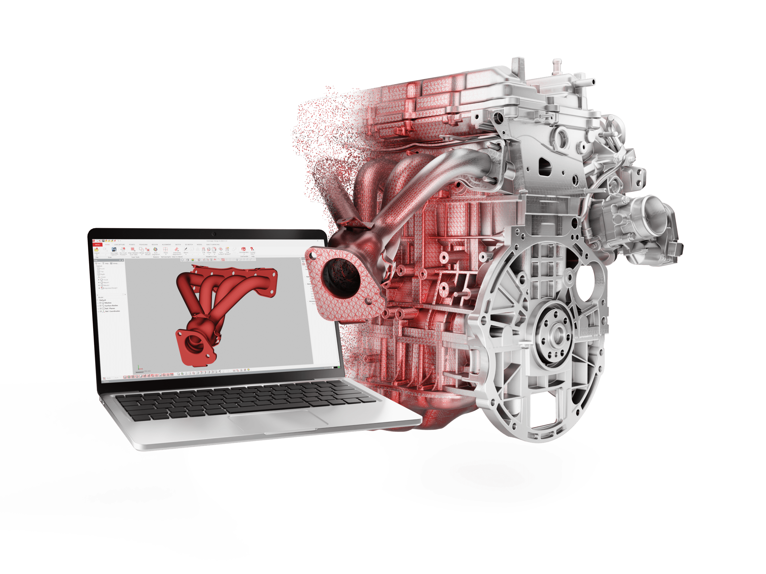 Nuvem de pontos de um motor se transformando em modelo CAD sólido no Geomagic Design X
