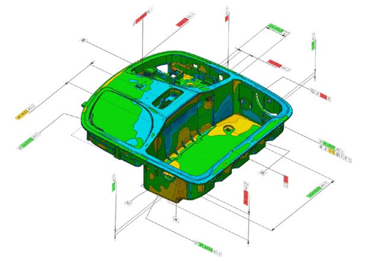 Peça inspecionada com quadros de controle geométrico, datums e cotas aprovadas e reprovadas