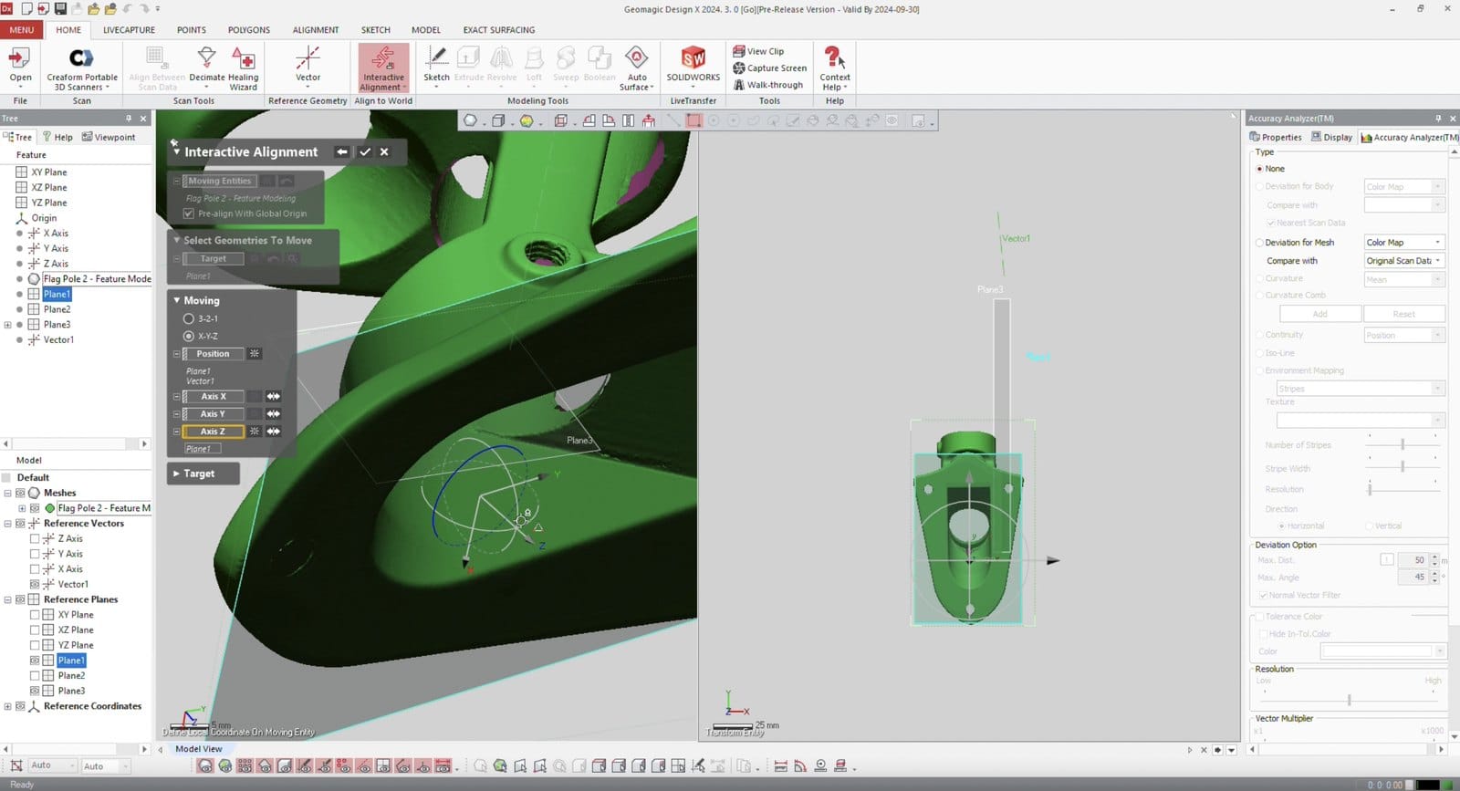 Alinhamento interativo entre digitalização e referência na tela do Geomagic Design X