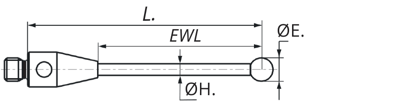 Desenho de cotas de uma ponta de medição: comprimento total L, comprimento efetivo EWL, diâmetro da esfera ØE e diâmetro da haste ØH
